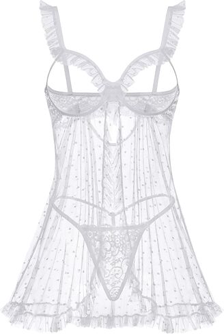 Avidlove Sexy Polka Dots Mesh Sheer Lace Babydoll Open Front Ruffle Chemise Cut Out Nightgown Lingerie With Thong XS-XXL in Kuwait