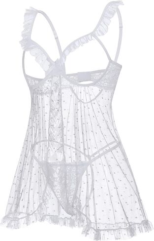 Avidlove Sexy Polka Dots Mesh Sheer Lace Babydoll Open Front Ruffle Chemise Cut Out Nightgown Lingerie With Thong XS-XXL in Kuwait