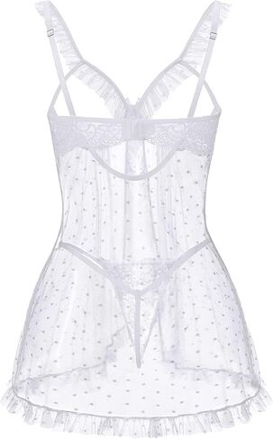 Avidlove Sexy Polka Dots Mesh Sheer Lace Babydoll Open Front Ruffle Chemise Cut Out Nightgown Lingerie With Thong XS-XXL in Kuwait