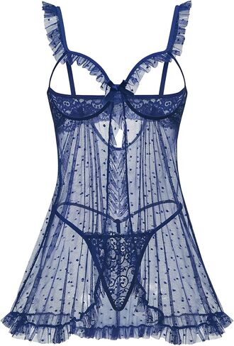 Avidlove Sexy Polka Dots Mesh Sheer Lace Babydoll Open Front Ruffle Chemise Cut Out Nightgown Lingerie With Thong XS-XXL in Kuwait