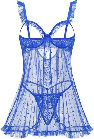 Avidlove Sexy Polka Dots Mesh Sheer Lace Babydoll Open Front Ruffle Chemise Cut Out Nightgown Lingerie With Thong XS-XXL in Kuwait