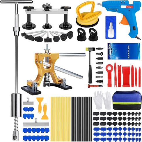 مجموعة أدوات سحب انبعاجات السيارة مكونة من 135 قطعة، مجموعة أدوات إزالة انبعاجات السيارة بدون طلاء مع مطرقة منزلقة 3 في 1 على شكل حرف T وساحبة جسر وكأس شفط، طقم إصلاح دنت لإزالة أضرار بَرَد الجسم التلقائي الكبيرة والصغيرة in Kuwait
