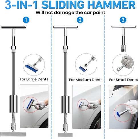 مجموعة أدوات سحب انبعاجات السيارة مكونة من 135 قطعة، مجموعة أدوات إزالة انبعاجات السيارة بدون طلاء مع مطرقة منزلقة 3 في 1 على شكل حرف T وساحبة جسر وكأس شفط، طقم إصلاح دنت لإزالة أضرار بَرَد الجسم التلقائي الكبيرة والصغيرة in Kuwait