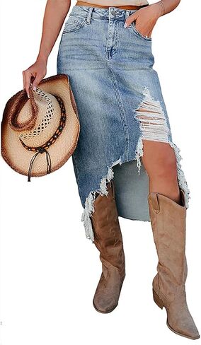 Women's Preppy Ripped Slit Denim Skirt Frayed Raw Hem Asymmetrical Trendy Midi Western Jean Skirts in Saudi Arabia