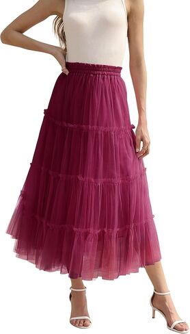 OBBUE Women's Long Tulle Skirt Fairy Ruffle Tiered Layered Midi Skirts A-Line Elastic Waist Tutu Skirt in Saudi Arabia