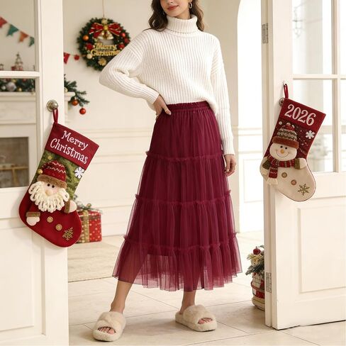 OBBUE Women's Long Tulle Skirt Fairy Ruffle Tiered Layered Midi Skirts A-Line Elastic Waist Tutu Skirt in Saudi Arabia