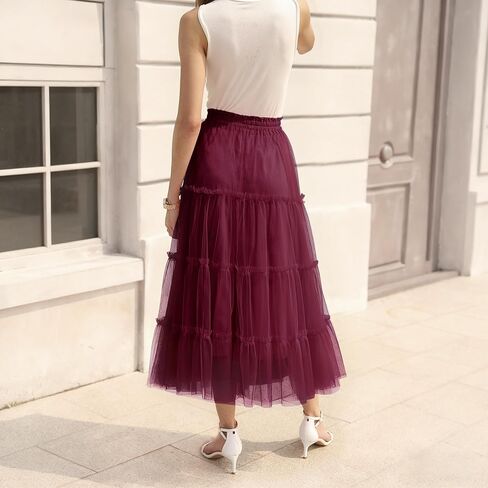 OBBUE Women's Long Tulle Skirt Fairy Ruffle Tiered Layered Midi Skirts A-Line Elastic Waist Tutu Skirt in Saudi Arabia