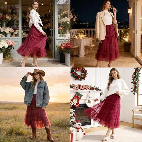 OBBUE Women's Long Tulle Skirt Fairy Ruffle Tiered Layered Midi Skirts A-Line Elastic Waist Tutu Skirt in Saudi Arabia