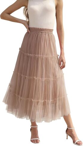 OBBUE Women's Long Tulle Skirt Fairy Ruffle Tiered Layered Midi Skirts A-Line Elastic Waist Tutu Skirt in Saudi Arabia