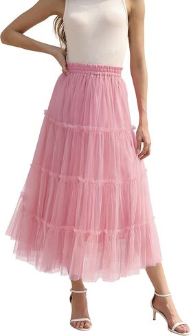 OBBUE Women's Long Tulle Skirt Fairy Ruffle Tiered Layered Midi Skirts A-Line Elastic Waist Tutu Skirt in Saudi Arabia