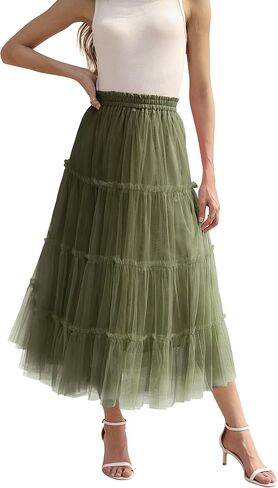 OBBUE Women's Long Tulle Skirt Fairy Ruffle Tiered Layered Midi Skirts A-Line Elastic Waist Tutu Skirt in Saudi Arabia
