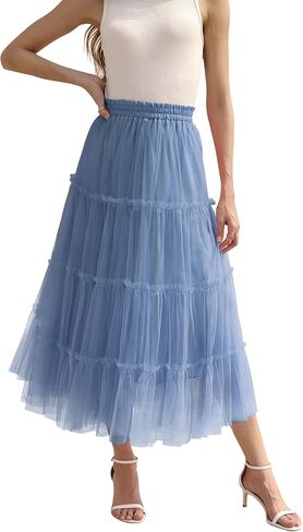 OBBUE Women's Long Tulle Skirt Fairy Ruffle Tiered Layered Midi Skirts A-Line Elastic Waist Tutu Skirt in Saudi Arabia