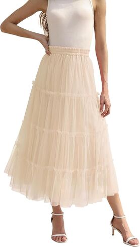 OBBUE Women's Long Tulle Skirt Fairy Ruffle Tiered Layered Midi Skirts A-Line Elastic Waist Tutu Skirt in Saudi Arabia
