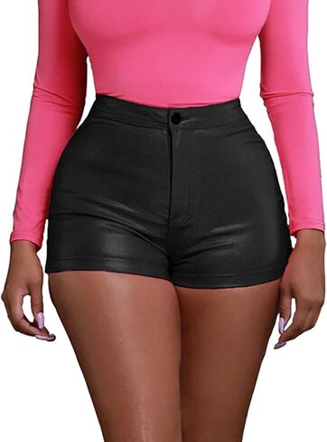Women's High Waist Faux Leather Shorts - High Stretchy Elastic Waistband Casual Short for Women in Saudi Arabia