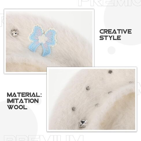 PartyKindom Cute Plush Faux Rabbit Fur Beret Hat with Bow for Women, Warm Artist Style Beret Cap, White Medium (56-58cm) for Daily Autumn Wear in Saudi Arabia