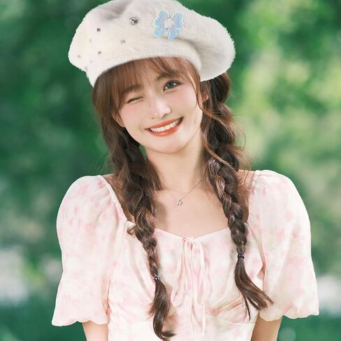 PartyKindom Cute Plush Faux Rabbit Fur Beret Hat with Bow for Women, Warm Artist Style Beret Cap, White Medium (56-58cm) for Daily Autumn Wear in Saudi Arabia