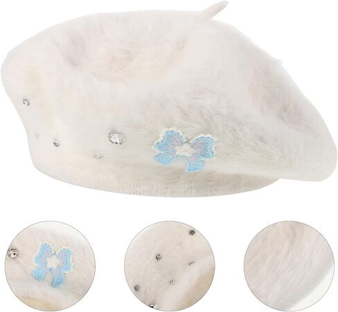 PartyKindom Cute Plush Faux Rabbit Fur Beret Hat with Bow for Women, Warm Artist Style Beret Cap, White Medium (56-58cm) for Daily Autumn Wear in Saudi Arabia