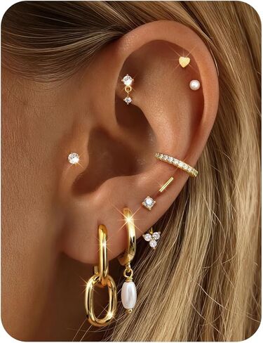 FIBO STEEL Small Stud Hoop Earrings for Women - 9 Pairs Hypoallergenic 14K Gold Plated Cartilage Earrings for Women Trendy Flat Back Earring Stacks Huggie Earring Sets for Multiple Piercing Jewelry Gifts in Saudi Arabia