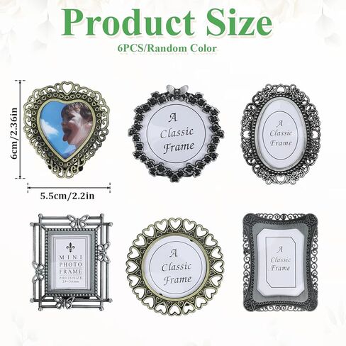 6 Pcs Vintage Mini Picture Frame, Wallet Size Tiny Picture Frames, Metal Mini Frames for Crafts with Storage Box, Old Fashioned Small Frame for DIY Photo Tabletop Wall Display Gallery Art Decor(Random Colors) in Saudi Arabia
