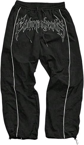 OYOANGLE Men's Y2K Letter Graphic Baggy Pants Drawstring Waist Gothic Punk Pants with Pockets in Saudi Arabia
