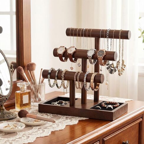 Kigeli Wooden Bracelet Holder Stand, Bracelet Display with 3 Tier, T-bar Bangle Storage Organizer Showing Bracelets Necklaces and Watches Rings for Home Vendors Craft Shows and Store in Saudi Arabia