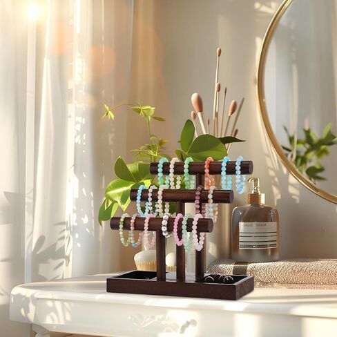 Kigeli Wooden Bracelet Holder Stand, Bracelet Display with 3 Tier, T-bar Bangle Storage Organizer Showing Bracelets Necklaces and Watches Rings for Home Vendors Craft Shows and Store in Saudi Arabia