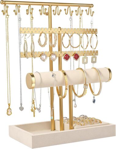 حامل منظم مجوهرات من 3 طبقات مع صينية حلقية - طول قابل للتعديل 17.7 بوصة (كحد أقصى)، حامل مجوهرات للقلادة، السوار، القرط، تخزين الخواتم، حامل تخزين عرض المجوهرات للنساء in Kuwait