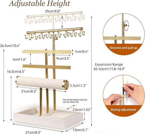 حامل منظم مجوهرات من 3 طبقات مع صينية حلقية - طول قابل للتعديل 17.7 بوصة (كحد أقصى)، حامل مجوهرات للقلادة، السوار، القرط، تخزين الخواتم، حامل تخزين عرض المجوهرات للنساء in Kuwait
