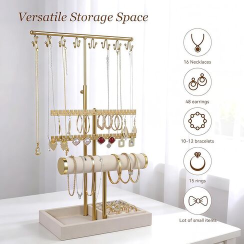 حامل منظم مجوهرات من 3 طبقات مع صينية حلقية - طول قابل للتعديل 17.7 بوصة (كحد أقصى)، حامل مجوهرات للقلادة، السوار، القرط، تخزين الخواتم، حامل تخزين عرض المجوهرات للنساء in Kuwait