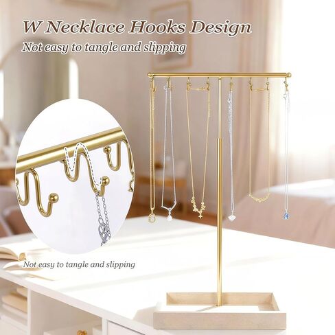 حامل منظم مجوهرات من 3 طبقات مع صينية حلقية - طول قابل للتعديل 17.7 بوصة (كحد أقصى)، حامل مجوهرات للقلادة، السوار، القرط، تخزين الخواتم، حامل تخزين عرض المجوهرات للنساء in Kuwait
