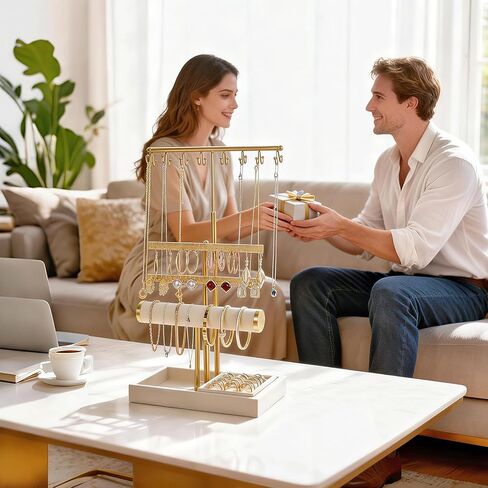 حامل منظم مجوهرات من 3 طبقات مع صينية حلقية - طول قابل للتعديل 17.7 بوصة (كحد أقصى)، حامل مجوهرات للقلادة، السوار، القرط، تخزين الخواتم، حامل تخزين عرض المجوهرات للنساء in Kuwait