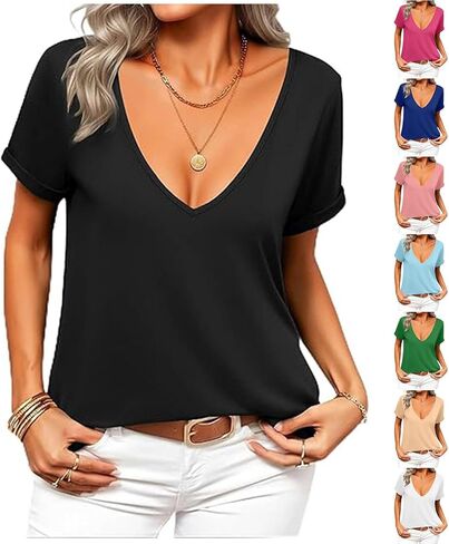Sexy Low Cut Tops for Women Summer Short Sleeve Tshirts Solid Color Going Out Top Loose Fit Rock Concert Outfits 2026 in Saudi Arabia