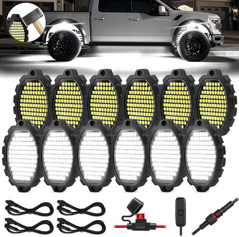 12 علبة معدنية 1116 مصباح LED من أضواء الصخور البيضاء النقية مع حزام أسلاك التبديل، إضاءة فائقة السطوع تحت الوهج مقاومة للماء من الألومنيوم LED للشاحنات Jeep OffRoad ATV UTV SUV، التوصيل والتشغيل، سهلة التركيب in Kuwait