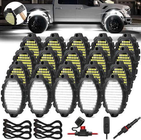 12 Pods Metal 1116 LEDs Pure White Rock Lights with Switch Wiring Harness,Super Bright Underglow Light Waterproof Aluminum Led Lights for Trucks Jeep OffRoad ATV UTV SUV,Plug and Play, Easy to Install in Saudi Arabia