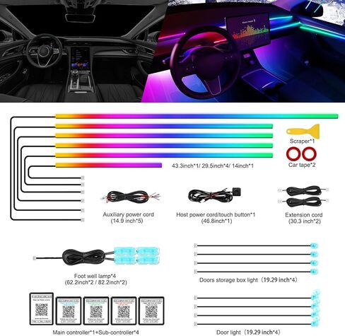 شريط إضاءة LED داخلي للسيارة من Dreamcolor أكريليك مع تطبيق لاسلكي، RGB 18 في 1 مع 175 بوصة 612 مصباح LED من الألياف الضوئية للسيارة، إضاءة محيطة للسيارة نيون سيمفونية مزدوجة المنطقة in Kuwait