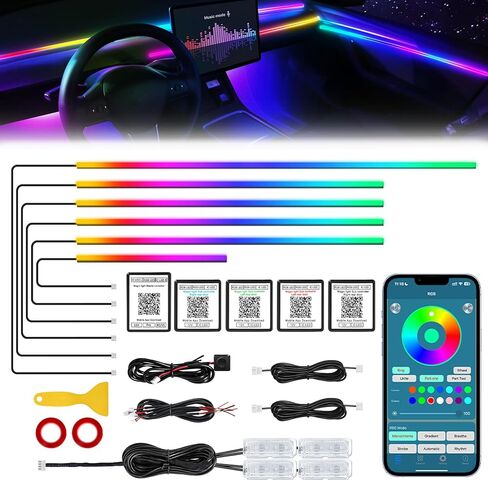 شريط إضاءة LED داخلي للسيارة من Dreamcolor أكريليك مع تطبيق لاسلكي، RGB 18 في 1 مع 175 بوصة 612 مصباح LED من الألياف الضوئية للسيارة، إضاءة محيطة للسيارة نيون سيمفونية مزدوجة المنطقة in Kuwait
