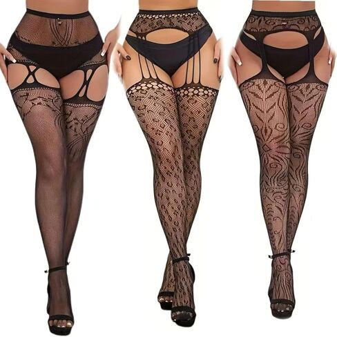 Fishnet Stockings for Women Sexy Striped Fishnets Tight High Stockings Sheer Mesh Hight Waist Pantyhose Suspenders Stocking 3Pcs（one size Black） in Saudi Arabia