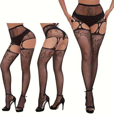 Fishnet Stockings for Women Sexy Striped Fishnets Tight High Stockings Sheer Mesh Hight Waist Pantyhose Suspenders Stocking 3Pcs（one size Black） in Saudi Arabia