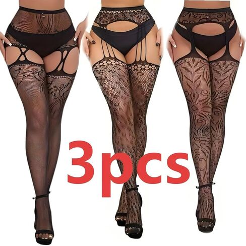 Fishnet Stockings for Women Sexy Striped Fishnets Tight High Stockings Sheer Mesh Hight Waist Pantyhose Suspenders Stocking 3Pcs（one size Black） in Saudi Arabia