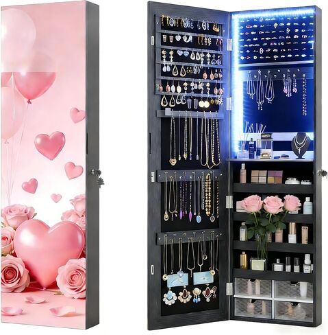 47.2" LED Jewelry Mirror Cabinet, Wall/Door Mounted Jewelry Armoire Organizer with Full Length Mirror, Large Storage Hanging Cabinet, 4 Drawers, 5 Shelves, Built-in Lighted Mirror (White) in Saudi Arabia