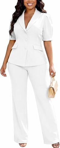 بدلة Kafiloe للنساء بدلة بليزر أنيقة بأكمام قصيرة مكونة من قطعتين ملابس كاجوال للعمل in Kuwait