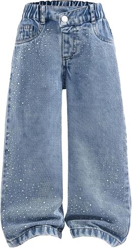 GORGLITTER Girl's Baggy Jeans Wide Leg Cute Rhinestone High Elastic Waisted Denim Pants Y2K Boyfriend Skater Streetwear in Saudi Arabia