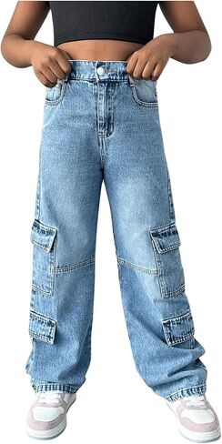 GORGLITTER Girl's Baggy Jeans Cargo Y2k Cute Elastic High Waist Wide Leg Casual Denim Track Pants Preppy Clothes in Saudi Arabia