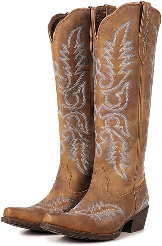 Montana West Cowboy Boots for Women Knee High Calf Cowgirl Boots Zippered Casual Boots Retro Pointed Toe with Chunky Heel for Concerts & Parties in Kuwait