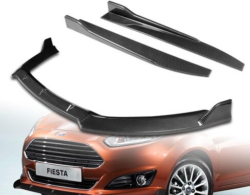 شفة المصد الأمامي + تنورة جانبية تمديد لوحة الروك الفاصل الناشر ABS مناسب لـ 2014-2019 Ford Fiesta، قطع غيار السيارات المعدلة، 2015 2016 2017 2018 (مظهر كربوني، مجموعة 9 قطع) in Kuwait