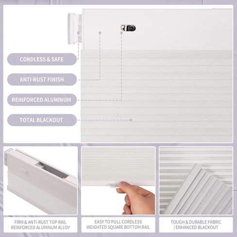 Cordless No Drill Blackout Honeycomb Shades - Thermal Insulation, UV Protection, Privacy, Room Darkening, White 28.5" W X 54" H in Saudi Arabia
