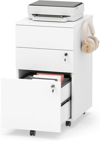LOKO Mobile File Cabinet with 3 Drawers, Wooden Rolling Filing Cabinet with Lock, Under Desk File Organizer for A4/Letter/Legal Size, for Home Office, Study (White) in Saudi Arabia