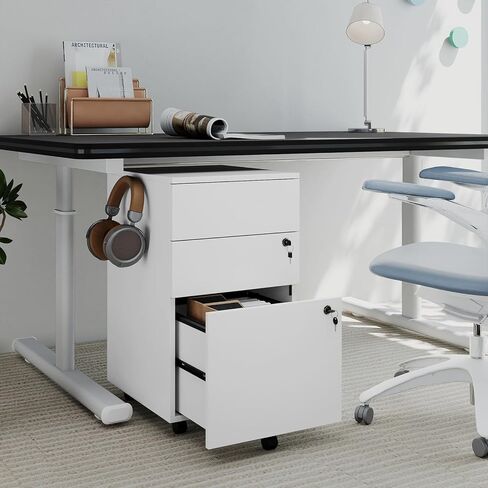 LOKO Mobile File Cabinet with 3 Drawers, Wooden Rolling Filing Cabinet with Lock, Under Desk File Organizer for A4/Letter/Legal Size, for Home Office, Study (White) in Saudi Arabia