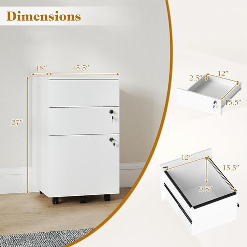 LOKO Mobile File Cabinet with 3 Drawers, Wooden Rolling Filing Cabinet with Lock, Under Desk File Organizer for A4/Letter/Legal Size, for Home Office, Study (White) in Saudi Arabia