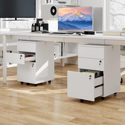 LOKO Mobile File Cabinet with 3 Drawers, Wooden Rolling Filing Cabinet with Lock, Under Desk File Organizer for A4/Letter/Legal Size, for Home Office, Study (White) in Saudi Arabia